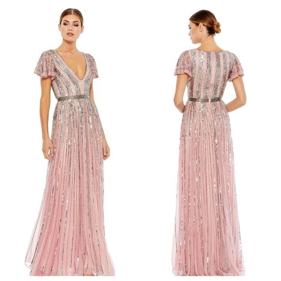 Mac Duggal Stripe Lined Sequin V-Neck Gown Rose Pink Size 4 NWT - Picture 1 of 13